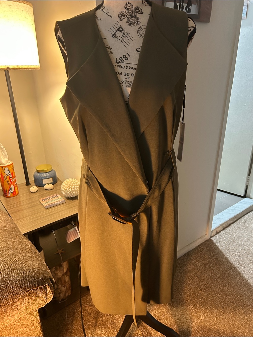 Calvin Klein Olive Green Sleeveless Belted Midi Dress